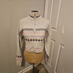 Sugar Moon Cozy Quarter Zip Cream and Mutliolor Crop Women's Sweater Sz M